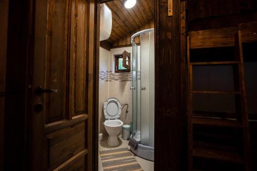 a bathroom with a toilet with the lid up at La Casuțe Cheile Dopca in Dopca