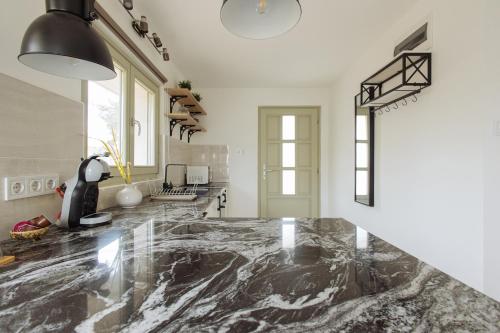 a kitchen with a large marble counter top at Old Nest Mogyoród in Mogyoród