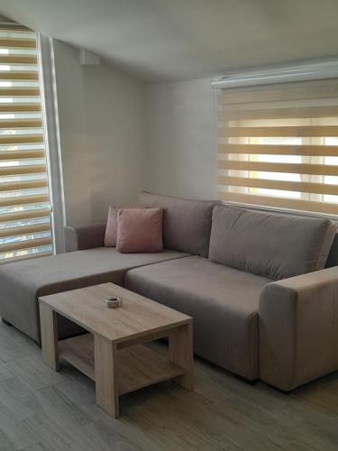 a living room with a couch and a coffee table at Spa Koncept-Apartmani in Veliko Gradište