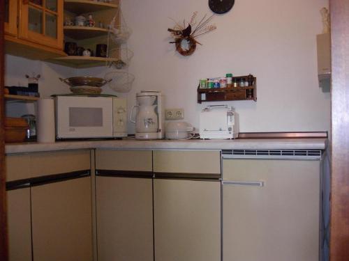 eine Küche mit einer Theke, einer Mikrowelle und einem Kühlschrank in der Unterkunft Ferienwohnung Hani in Spiegelau