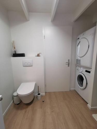 a bathroom with a toilet and a washing machine at Seaside in Middelkerke