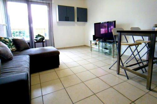 a living room with a couch and a tv at Huningue des trois frontières in Huningue