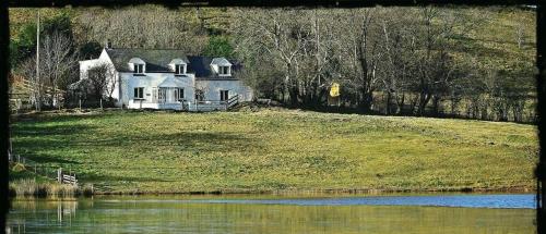 a house on a hill next to a body of water at Lake view Romantic retreat in Aberystwyth