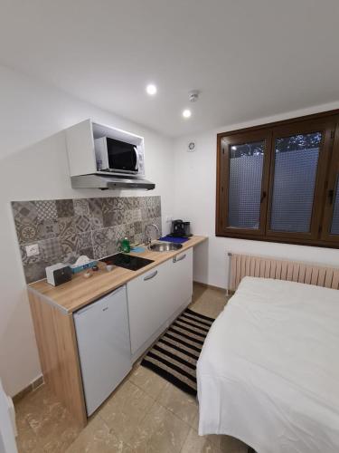 een kamer met een bed en een keuken met een wastafel bij Studio entièrement équipé avec véranda commune in Neuilly-sur-Marne