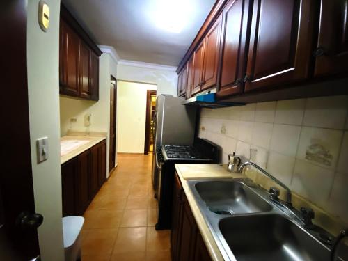 a kitchen with a sink and a stove top oven at Amplio apartamento en Gazcue SDQ in Santo Domingo