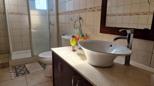 a bathroom with a sink and a toilet at The Stone Villa in Pissouri