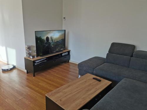 a living room with a couch and a flat screen tv at Chambre privée chez habitant à 2 pas de la gare in Blois