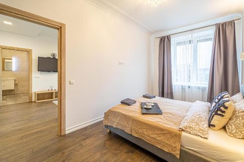1 dormitorio con cama y espejo grande en Žalgiris arena apartment with AC en Kaunas