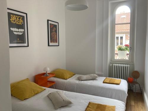 two beds in a room with a window at Appartement Villa Medreville in Nancy
