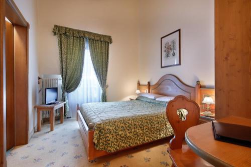 a bedroom with a bed and a desk and a television at Park Hotel Leonardo in Moena