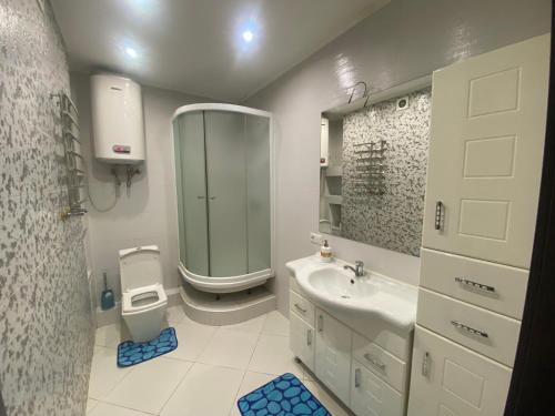 ein Badezimmer mit einem Waschbecken, einem WC und einem Spiegel in der Unterkunft Apartment on Akhmatovoyi 32/18 in Kiew