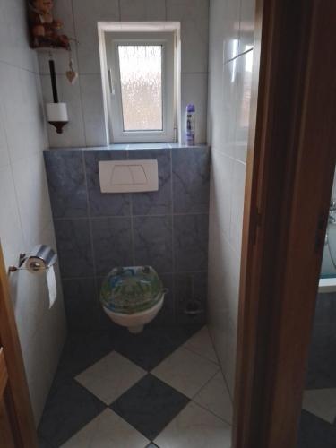 uma pequena casa de banho com um WC e uma janela em Bed en Breakfast met patio en kippen em Thorn