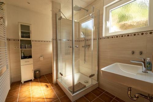 ein Bad mit einer Dusche und einem Waschbecken in der Unterkunft Ferienhaus Zum Waldrand in Erfweiler