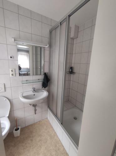 a bathroom with a shower and a sink and a toilet at Gasthaus L&A Kunz in Dümpelfeld