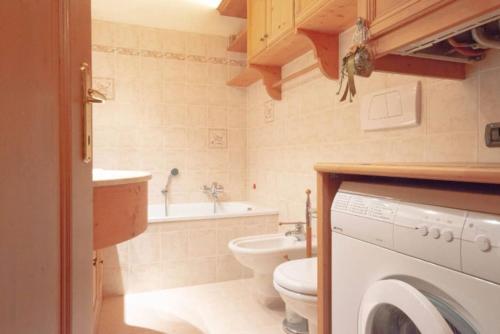 een badkamer met een wastafel en een wasmachine bij Mansarda su due livelli nel cuore delle Dolomiti in San Vito di Cadore