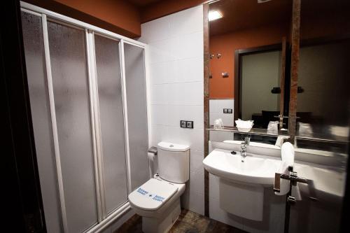 a bathroom with a toilet and a sink at Hostal Restaurante La Bartola in Santa Cruz