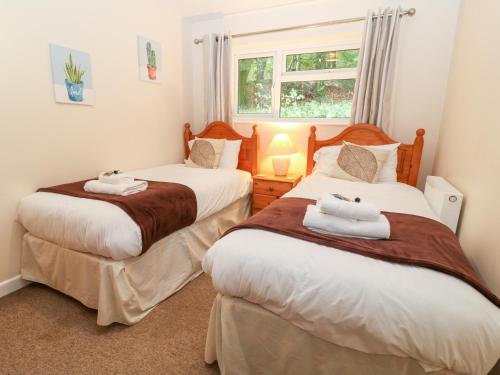 2 camas individuais num quarto com uma janela em 32 Manorcombe em Callington