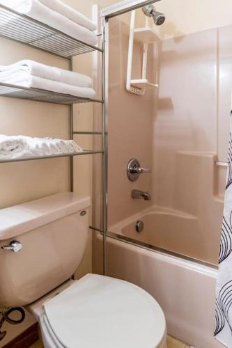 a small bathroom with a toilet and a shower at Cheerful Pocono home away from home in Albrightsville