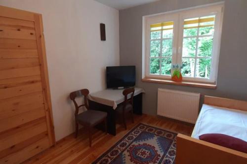 1 dormitorio con escritorio, 1 cama y ventana en "Na Polanie" Agroturystyka Chronów 83, 