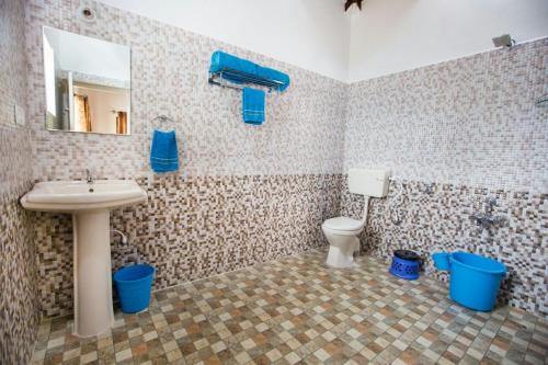 a bathroom with a sink and a toilet and a mirror at The Nest bettathur, Coorg in Madikeri