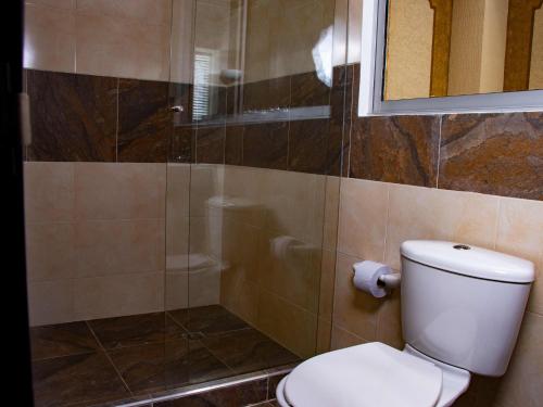 y baño con aseo y ducha. en HOTEL GOLDEN CARTAGO en Cartago