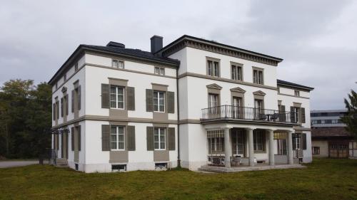 a large white building on a grass field at Villa Weber - self check-in in Aarburg