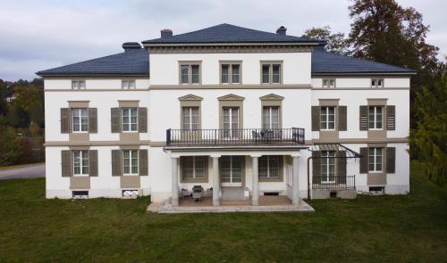 une grande maison blanche avec une grande cour dans l'établissement Villa Weber - self check-in, à Aarburg
