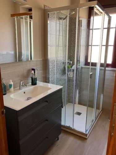 a bathroom with a sink and a shower at A Casa da Fonte in Santa Eulalia de Oscos