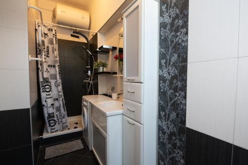 a small bathroom with a sink and a mirror at Apartment Vanja in Opatija