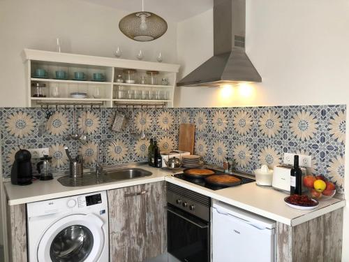 eine Küche mit Spüle und Waschmaschine in der Unterkunft Casa del Olivo by Casitasconencantoes in Medina-Sidonia