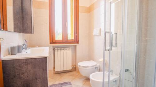 ein Bad mit einem WC, einem Waschbecken und einer Dusche in der Unterkunft Residence San Francesco - Italian Homing in Desenzano del Garda