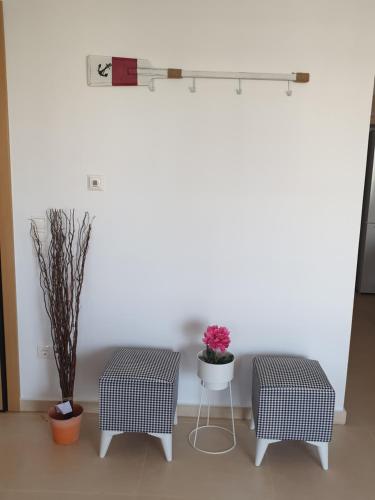 two chairs and a table with a potted plant at Δροσιά in Nafplio