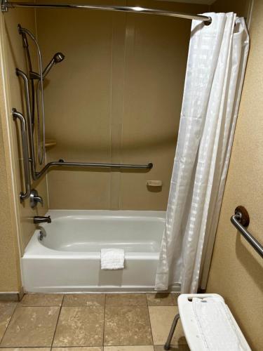 a bathroom with a bath tub with a shower curtain at Baymont By Wyndham Monroe Ohio in Monroe