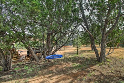 a blue frisbee in the middle of trees at Fire Pit, Fenced Yard Overgaard Cabin Near Hiking in Overgaard