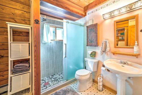 uma casa de banho com um chuveiro, um WC e um lavatório. em Secluded Black Hawk Log Cabin with Fire Pit! em Black Hawk