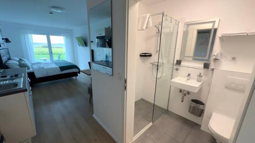 uma casa de banho com um chuveiro, um lavatório e um espelho. em Fernweg Apartments em Nidderau