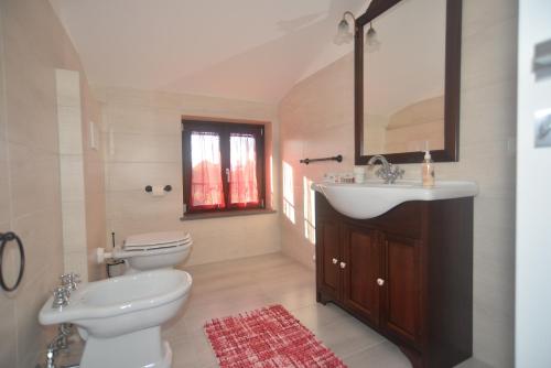 een badkamer met een wastafel, een toilet en een spiegel bij alloggio le due querce in Acquapendente