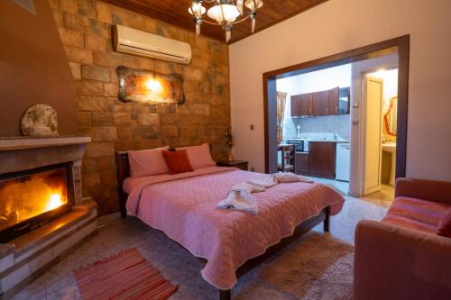 a bedroom with a large bed and a fireplace at Ξενώνας Μαίανδρος in Aridaia
