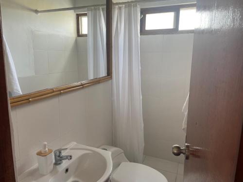 a white bathroom with a sink and a toilet at Departamento pequeño 2 BR en zona ideal de Paracas in Paracas