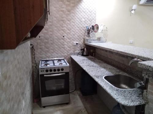 Il comprend une petite cuisine équipée d'une cuisinière et d'un évier. dans l'établissement Apartment, à Hurghada