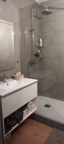 une salle de bain avec un lavabo et une douche dans l'établissement T3 vue sur mer, renové à neuf, 4 à 6 pers,65 m2-500 M de la plage, à Argelès-sur-Mer