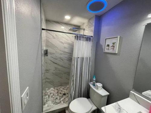 y baño con ducha, aseo y lavamanos. en Breathtaking & Renovated Tampa Heated Pool House, en Tampa
