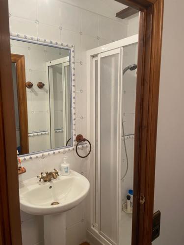 een badkamer met een wastafel en een douche met een spiegel bij CASA RURAL SAN JULIAN in Villahermosa del Río