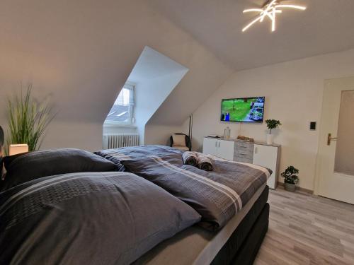 ein Schlafzimmer mit einem großen Bett und einem TV an der Wand in der Unterkunft Exklusives und helles Dachgeschoss-Apartment No 1 im Zentrum von Kassel, schnelles 1Gbit Internet, Geschirrspüler, Boxspringbetten in Kassel