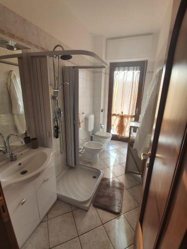 a bathroom with a shower and a sink and a toilet at Casa Bellavista in Neive