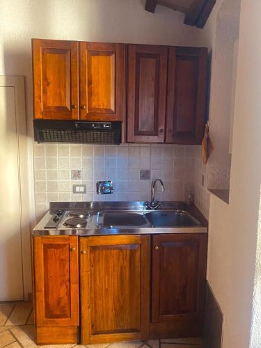 a kitchen with wooden cabinets and a sink at Residenza San Jacopo in Spello