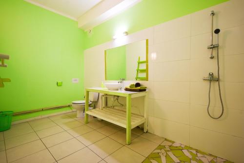 a green bathroom with a sink and a toilet at Appartement charmant à Pointe-Noire, vue mer, 51 m², piscine in Pointe-Noire