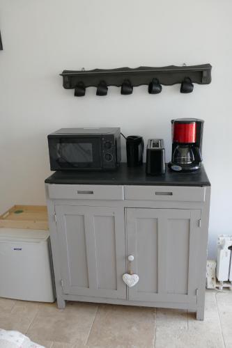 un microondas en la parte superior de una barra de cocina en Au coeur des landes, en Carneville