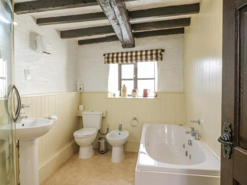 a bathroom with a toilet and a tub and a sink at Pillhead Cider House in Bideford