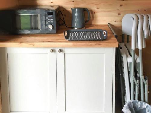 un microondas en la parte superior de un mostrador en la cocina en Bluebell - Uk41386 en Brixham